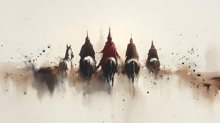 Wall Mural - Riders Journey Across Dusty Landscape Towards Distant Towers