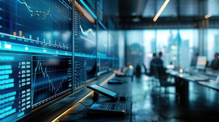Poster - Modern Financial Office Interior with Digital Displays and Charts Showing Stock Market Trends in a Sleek Corporate Environment