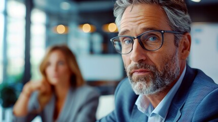Poster - Professional middle-aged businessman with glasses gazing thoughtfully in a modern office setting, while a colleague is seen in the background during a meeting