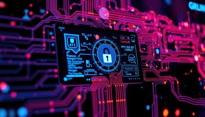 Poster - Digital Security Interface Displaying a Locked Padlock on Circuit Board