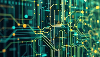 Poster - Abstract Digital Circuit Board with Glowing Green and Yellow Pathways