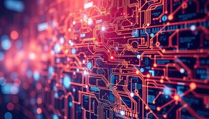 Poster - Abstract digital circuit board with glowing orange and blue nodes.