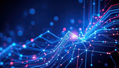 Poster - Abstract Network: Glowing Blue and Red Lines Interconnecting Nodes