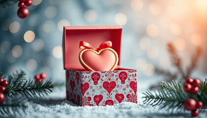 Red heart ornament nestled inside a festive red and white gift box on snow.