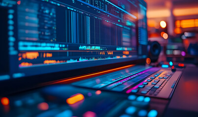 Fototapete - A close-up of a digital audio workstation showcasing sound editing tools and colorful visuals.