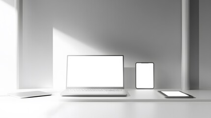 Wall Mural - Minimalist White Workspace With Laptop Tablet And Phone