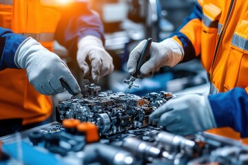 Poster - Workers assembling engine components using precision tools, with a blurred manufacturing floor in the background.