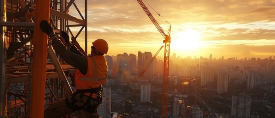 Poster - Workers assembling a high-rise structure with the city skyline in the background, emphasizing progress and development.