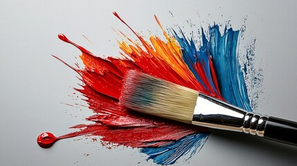 A vibrant brush with red, orange, and blue paint splashes on a light background, showcasing artistic creativity and color expression.