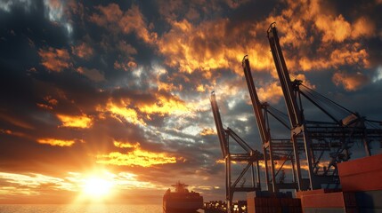 Poster - Industrial cranes unloading containers from a ship under a dramatic sunset sky.