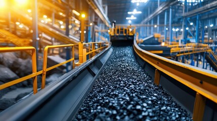 Aufkleber - Conveyor belts carrying coal through an industrial processing facility, captured in motion.