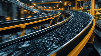 Poster - Conveyor belts carrying coal through an industrial processing facility, captured in motion.