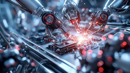 Aufkleber - Close-up of robotic arms welding parts in a high-tech manufacturing facility, sparks flying against a sleek metallic backdrop.