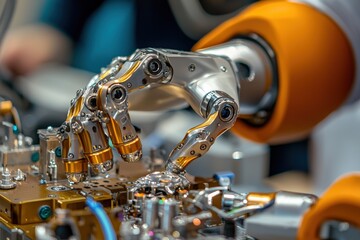 Aufkleber - Close-up of a robotic gripper handling small, intricate parts with precision.