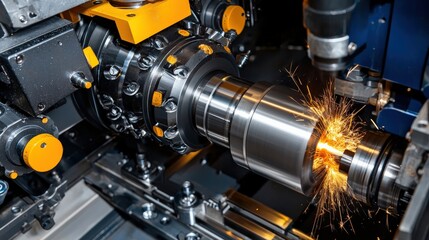 Aufkleber - Close-up of an industrial lathe machining a steel cylinder, with sparks flying.