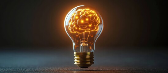 Wall Mural - Lightbulb with a glowing brain inside representing ideas and knowledge.