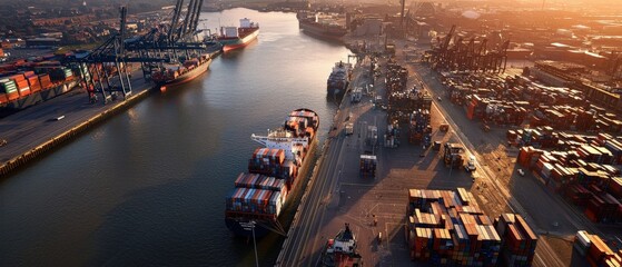 Poster - Aerial view of a busy shipping port filled with stacked cargo containers and massive freighters docked along the quay.