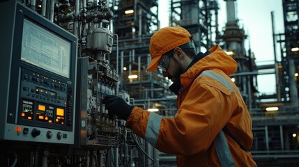 Aufkleber - A technician adjusting a control panel in an oil refinery, wearing high-visibility gear.