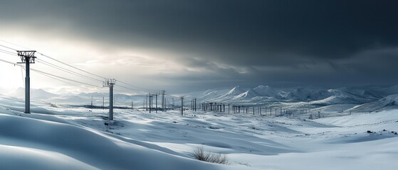 Poster - A network of massive industrial pipelines stretching across a snowy landscape under a gray sky.