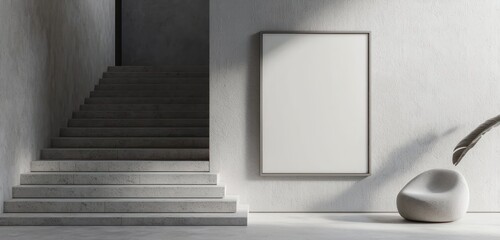 Minimalist lobby with blank picture frame on the wall and staircase, ideal for artwork.