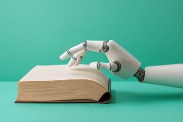 Poster - Robotic hand interacting with open book studio digital image minimalist close-up technology and learning concepts