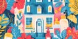 A colorful drawing of a house with a door and windows