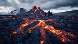 A lava field with a volcano in the background