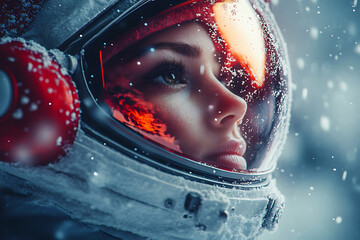 Wall Mural - A close-up of an astronaut's face in a snowy environment, reflecting determination and wonder.