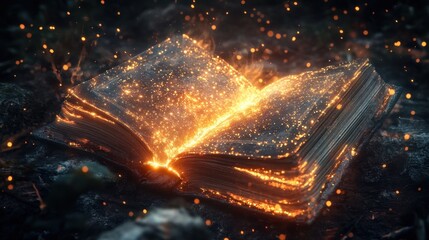 Poster - enchanted book ignited by flames and sparkles in a dark forest