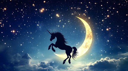 Sticker - Majestic Unicorn Silhouette Leaps Before Crescent Moon And Stars