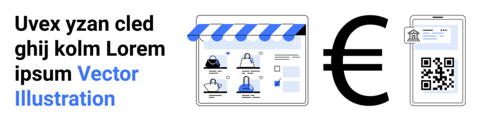 Online storefront on laptop with various items. Large Euro symbol beside mobile phone displaying QR code. Ideal for e-commerce, digital payments, online transactions, finance, mobile apps, retail