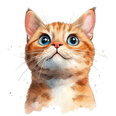 Poster - Watercolor Cartoon Portrait of a Cat on transparent Background