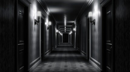 Poster - Dark Hotel Corridor With Many Closed Doors