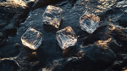 Poster - Clear Ice Cubes on Dark Surface with Glimmers of Light Reflection
