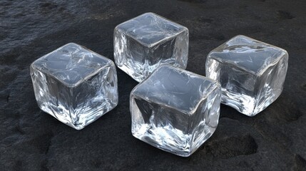 Poster - ice cubes arranged on a dark stone surface with reflections and shadows