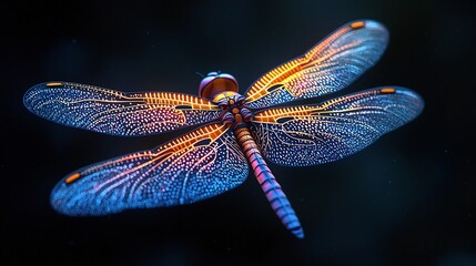 Poster - Neon Dragonfly Hovering in Iridescent Hues on a Captivating Black Background