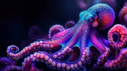Poster - Neon Octopus Gracefully Swirling Through Vibrant Underwater Realm on Stark Black Background