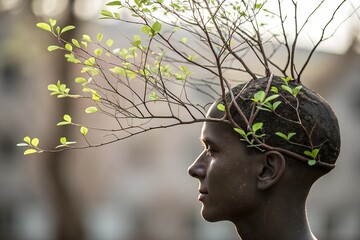 A symbolic image of a human head intertwined with a leaf tree, representing the harmony between nature and the mind, emphasizing growth, life, and environmental connection.