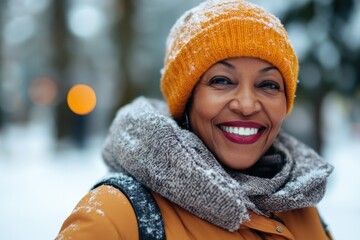 smiling woman in winter attire with snow background