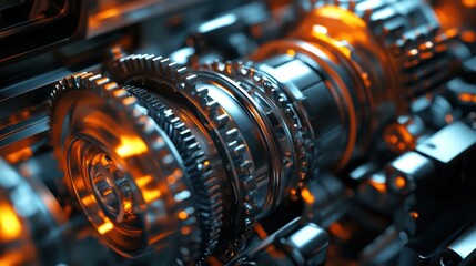 Poster - Close-Up of Gears and Mechanical Components with Orange Glow