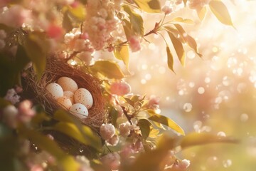 Wall Mural - Nest of robin eggs in cherry tree, dappled sunlight through leaves, eggshell texture details, with copy space