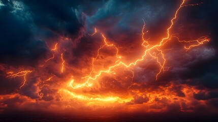 Wall Mural - Fiery Sunset Sky With Dramatic Lightning Bolts