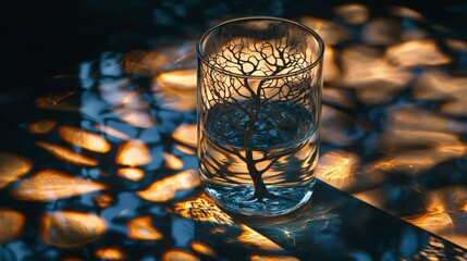 Poster - Shadow play a clear glass of water casting intriguing patterns on a reflective surface in soft natural light