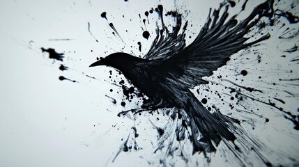 Aufkleber - Artistic black ink splatter depicting a crow abstract creation studio environment close-up creative expression for impact