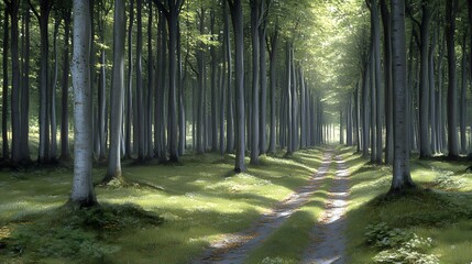 Poster - Sunlit path through a dense beech forest with tall trees and green grass.