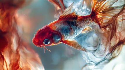 Poster - Surreal closeup of a goldfish swimming in colorful water underwater macro photography ethereal environment artistic viewpoint