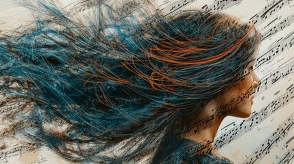 Poster - Conceptual imagery of hair strands dissolving into musical notes in a surreal artistic environment