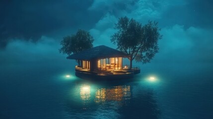 Canvas Print - Illuminated lake house nestled among trees at night