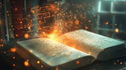 Poster - Glowing equations emerge from an open notebook surreal science concept dimly lit environment creative viewpoint
