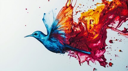 Poster - Vibrant ink drops splashing with a colorful bird creative art canvas studio aerial view artistic expression
